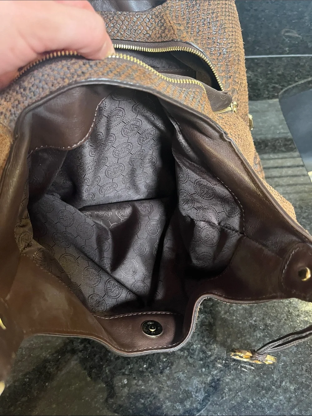 Michael Kors Brown Snakeskin-Texture Shoulder Hobo Bag